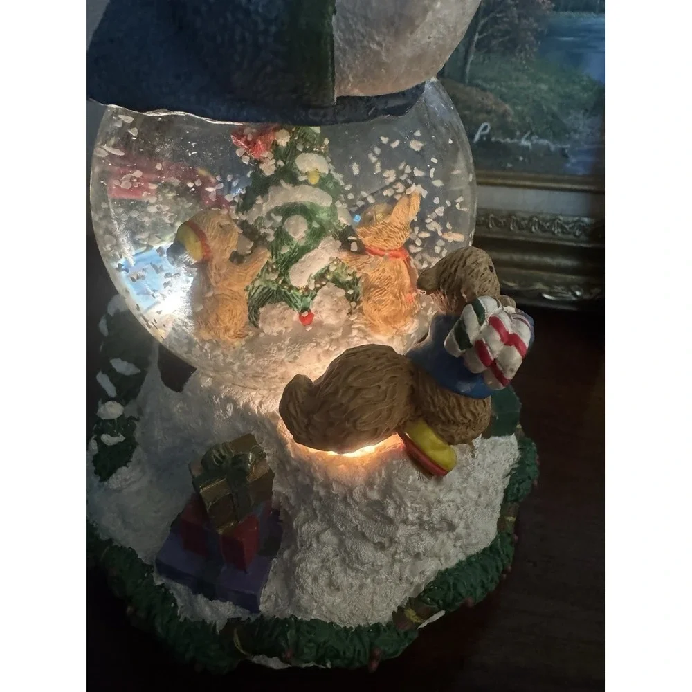 Vintage Three Jay's Musical Snowman Snow Globe Bunnies & Bears Woodland Holiday